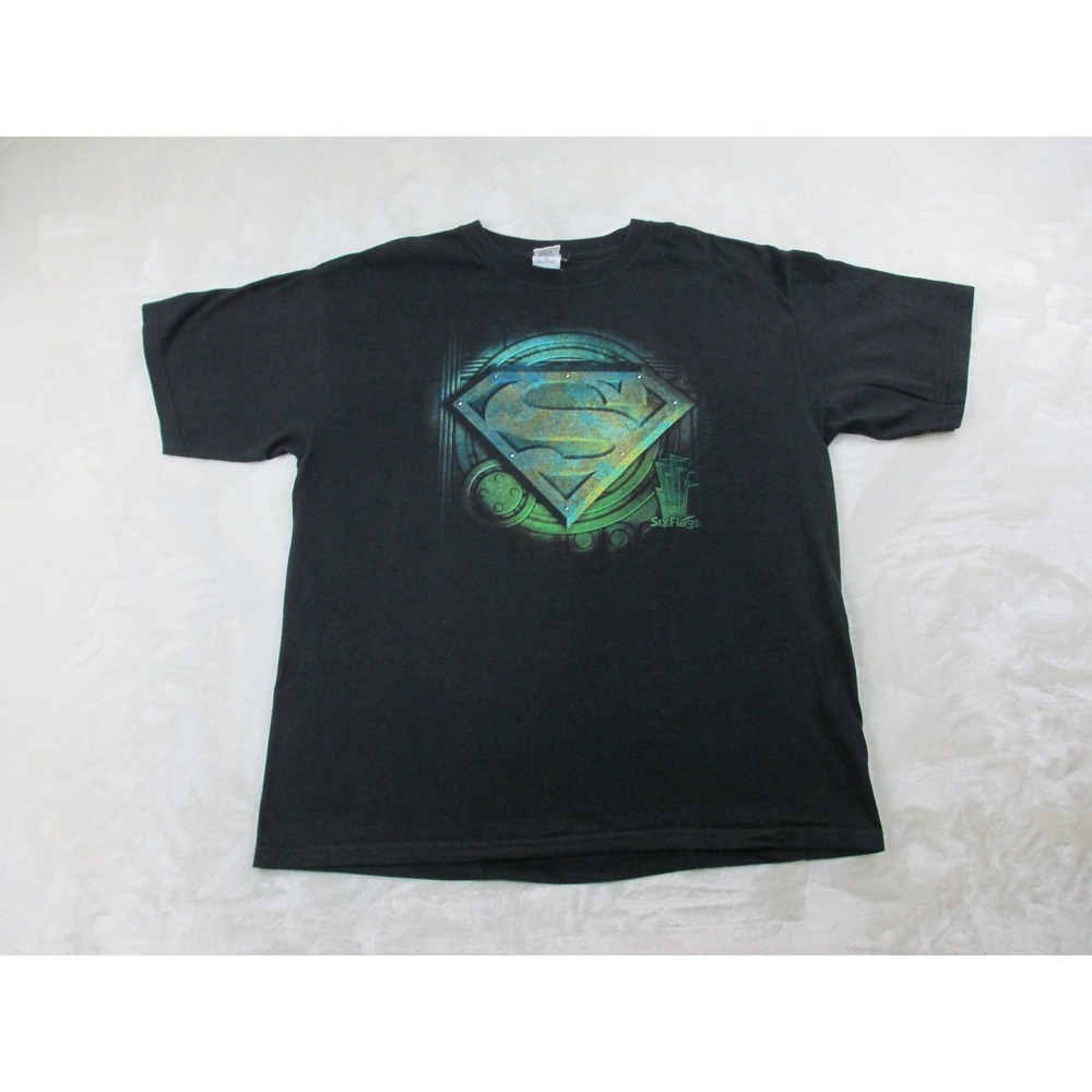 VINTAGE Superman Shirt Mens Extra Large‎ Black Logo DC Comics Six Flags Park*
